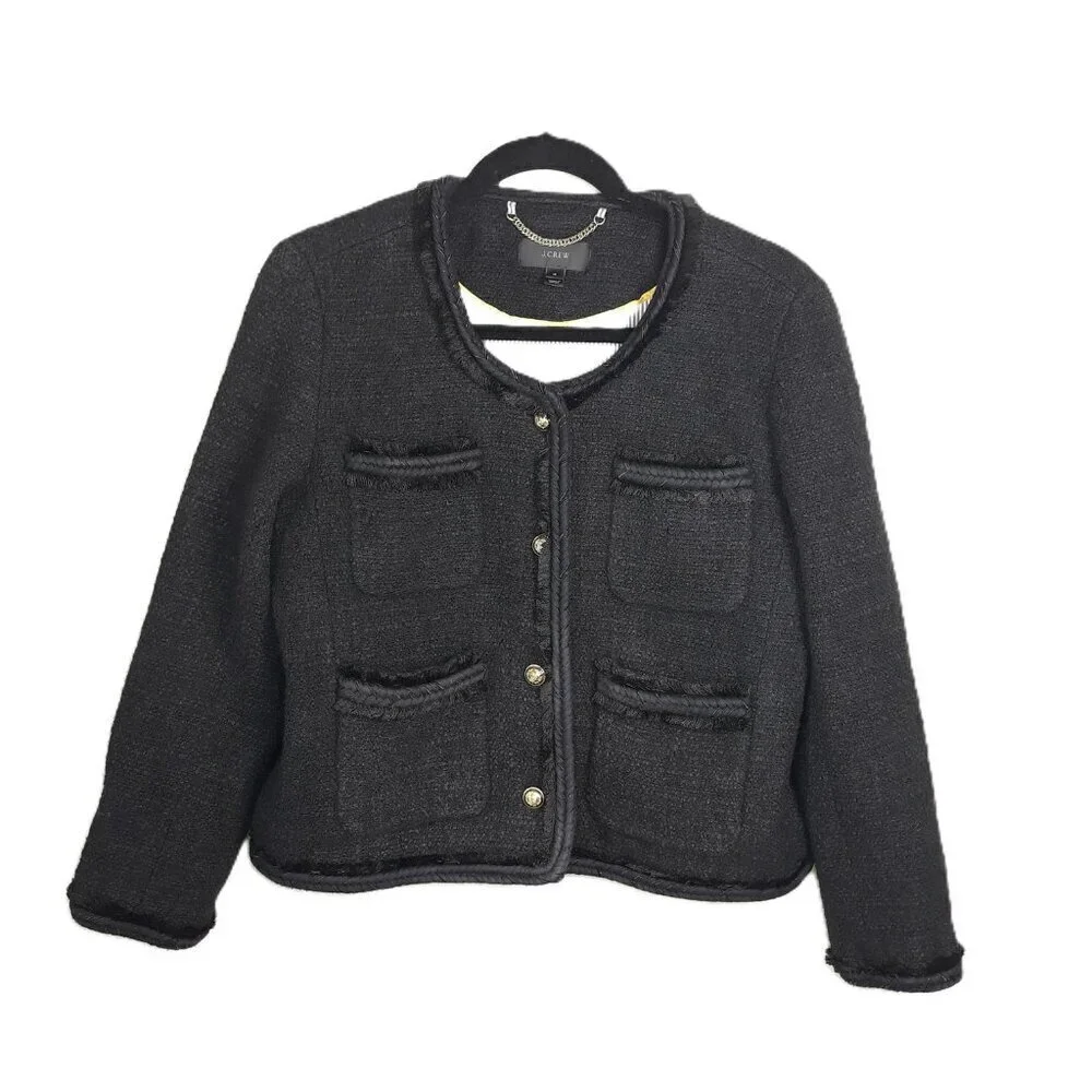 J. Crew Black Fringed Braided Wool Blend Tweed Lady Jacket 12 Minimalist Classic